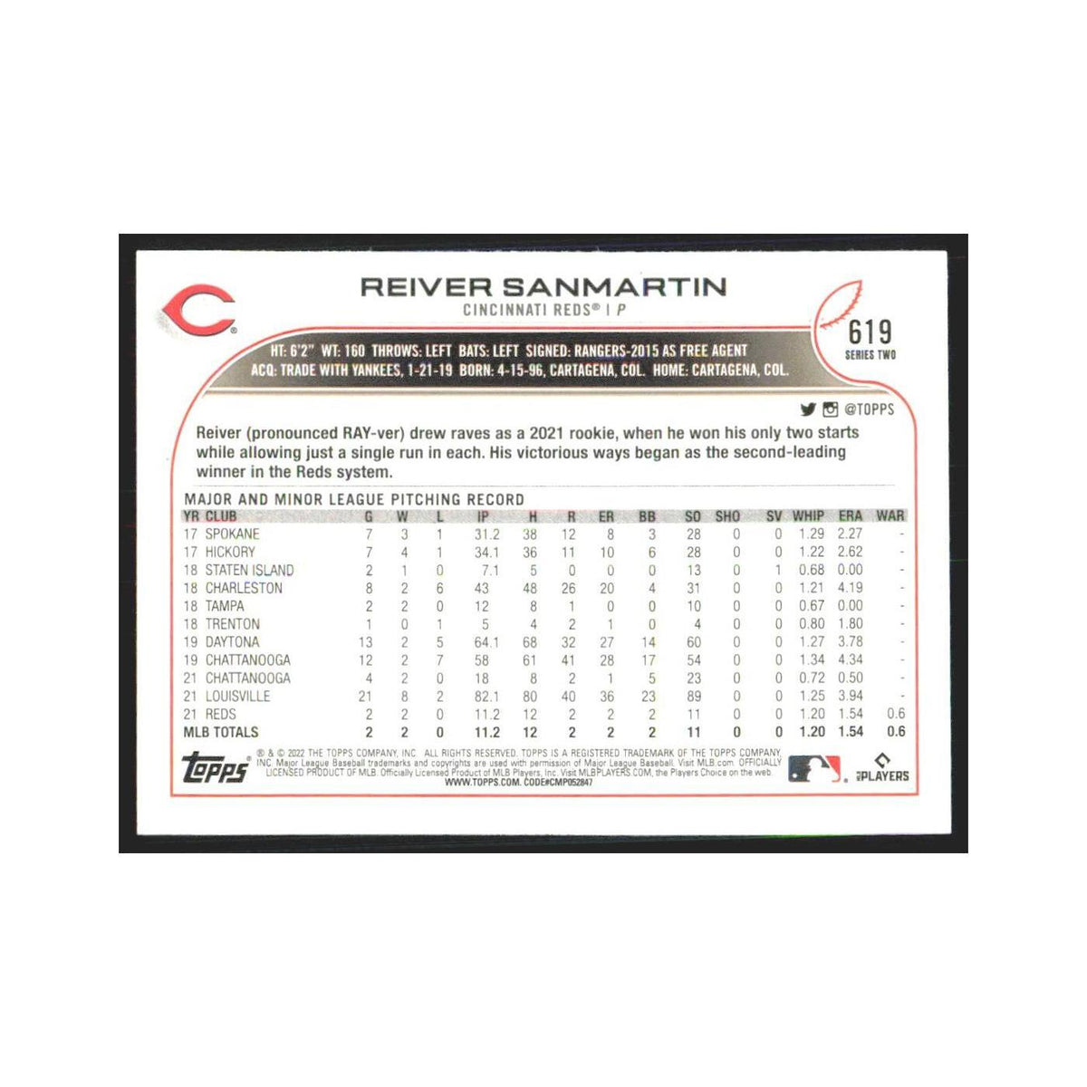 2022 Topps Reiver Sanmartin RC Reds #619