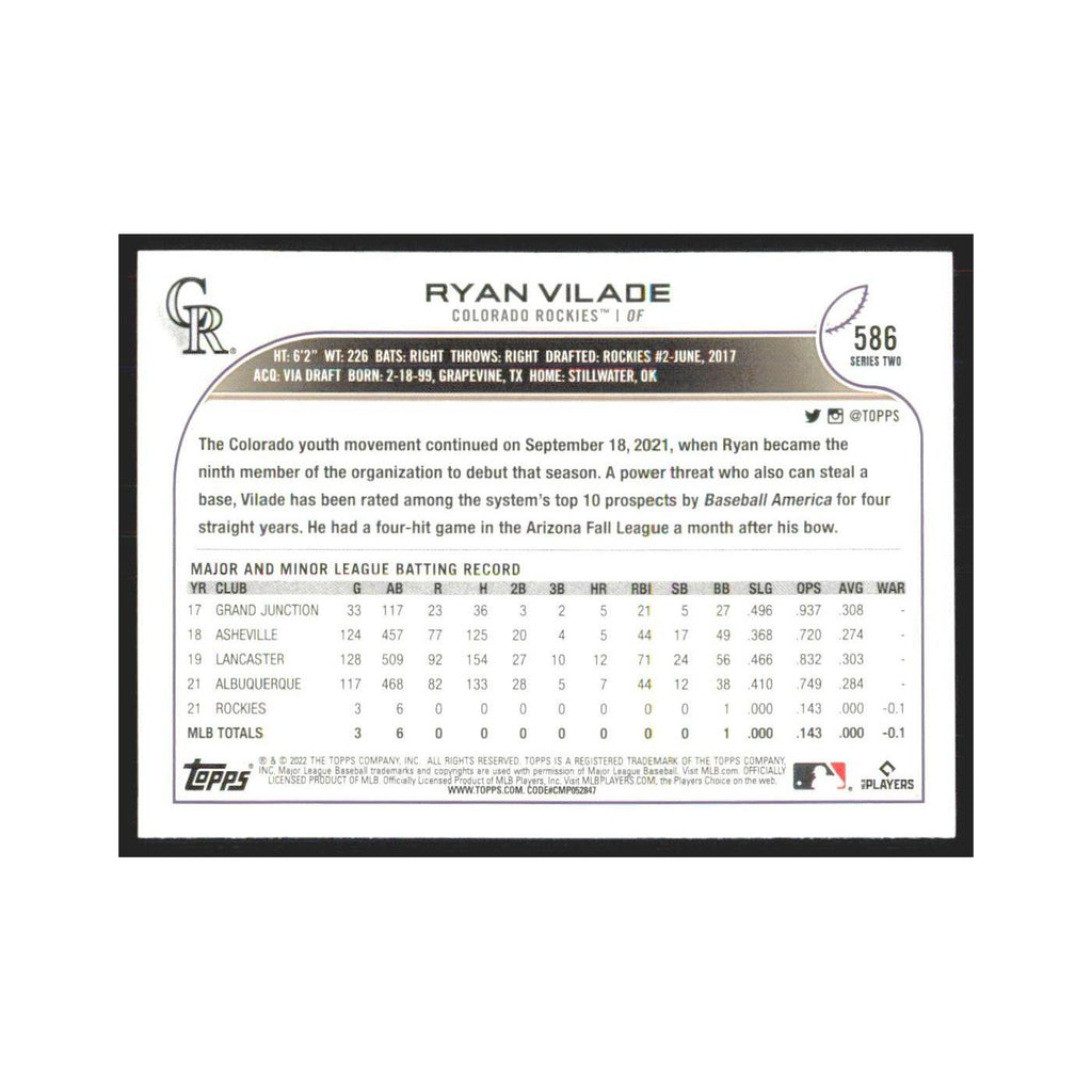 2022 Topps Ryan Vilade Rockies #586