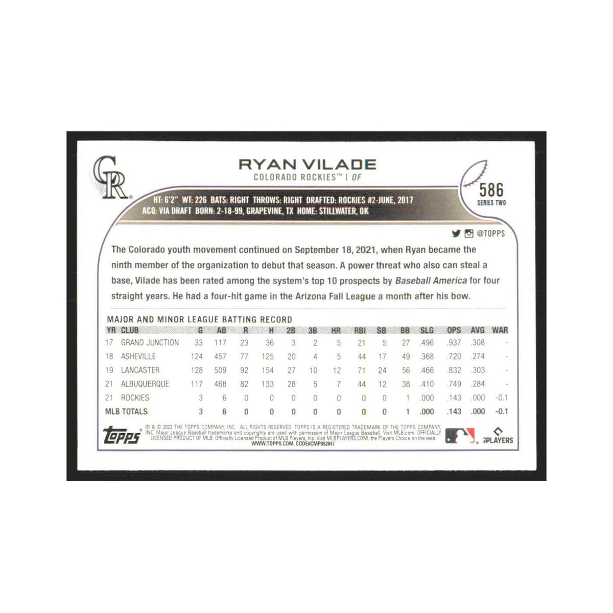 2022 Topps Ryan Vilade Rockies #586
