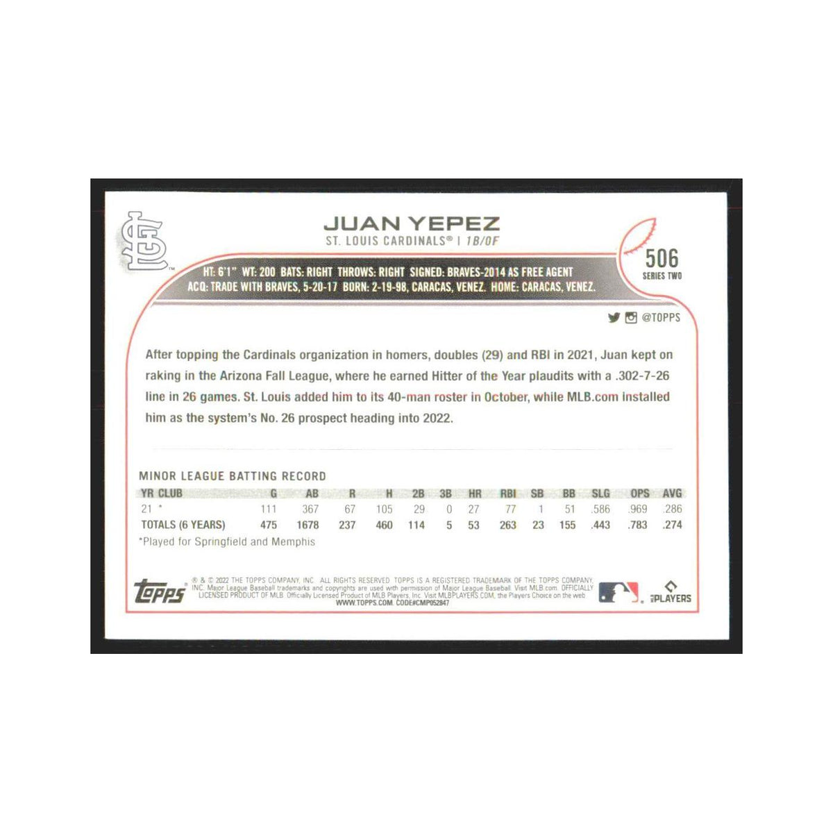 2022 Topps Juan Yepez RC Cardinals #506