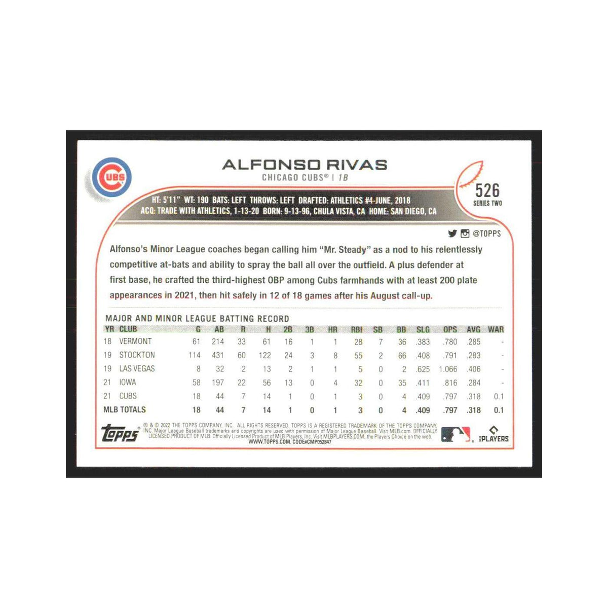 2022 Topps Alfonso Rivas RC Cubs #526