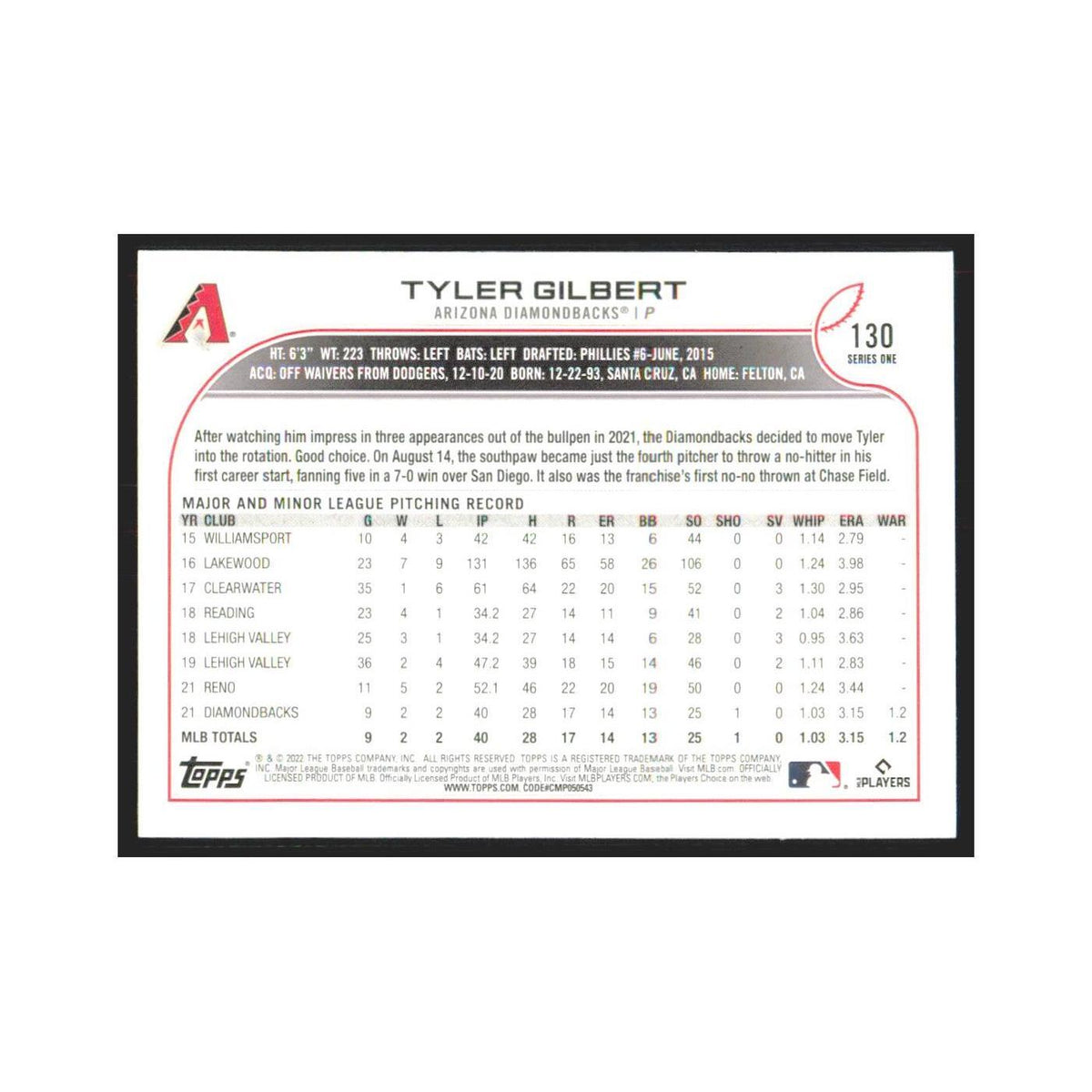 2022 Topps Tyler Gilbert RC Diamondbacks #130