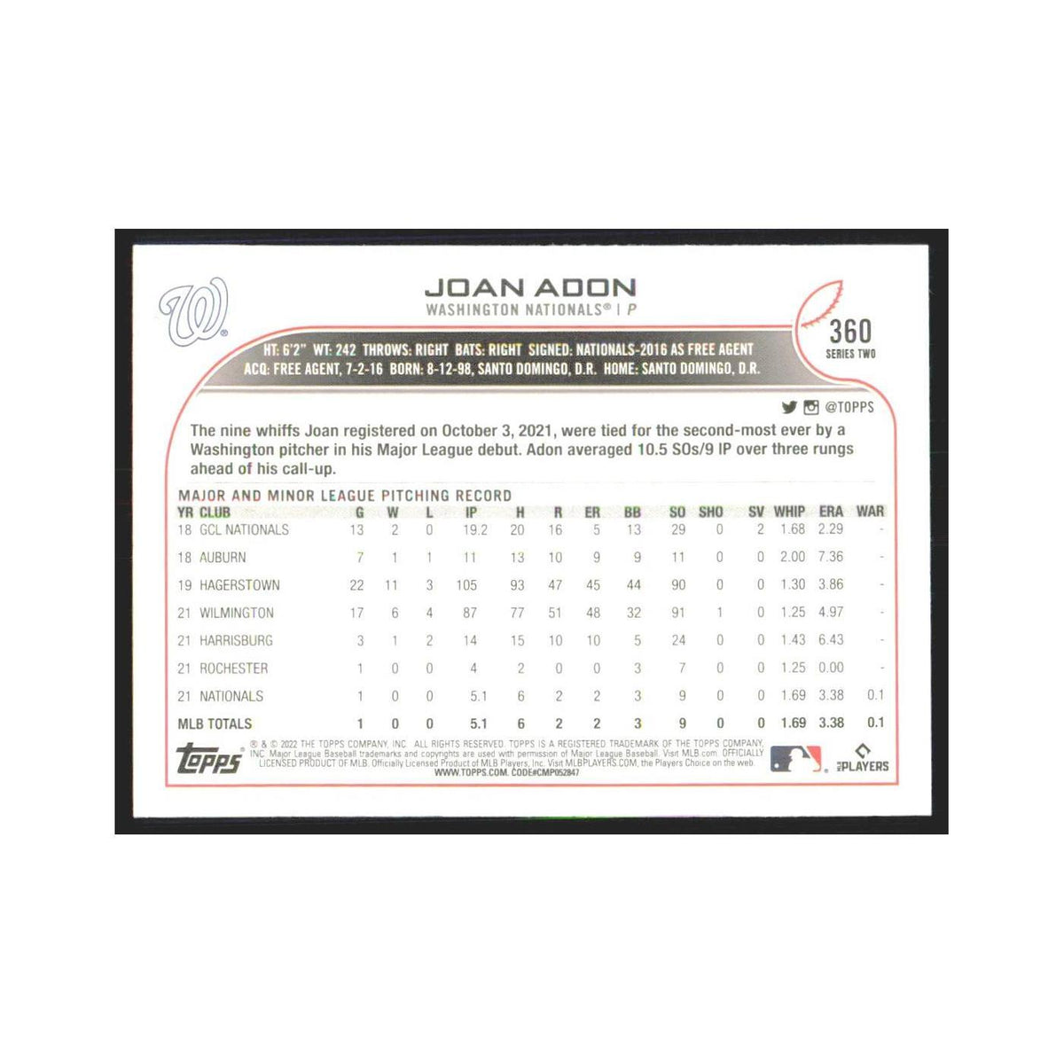 2022 Topps Joan Adon RC Nationals #360