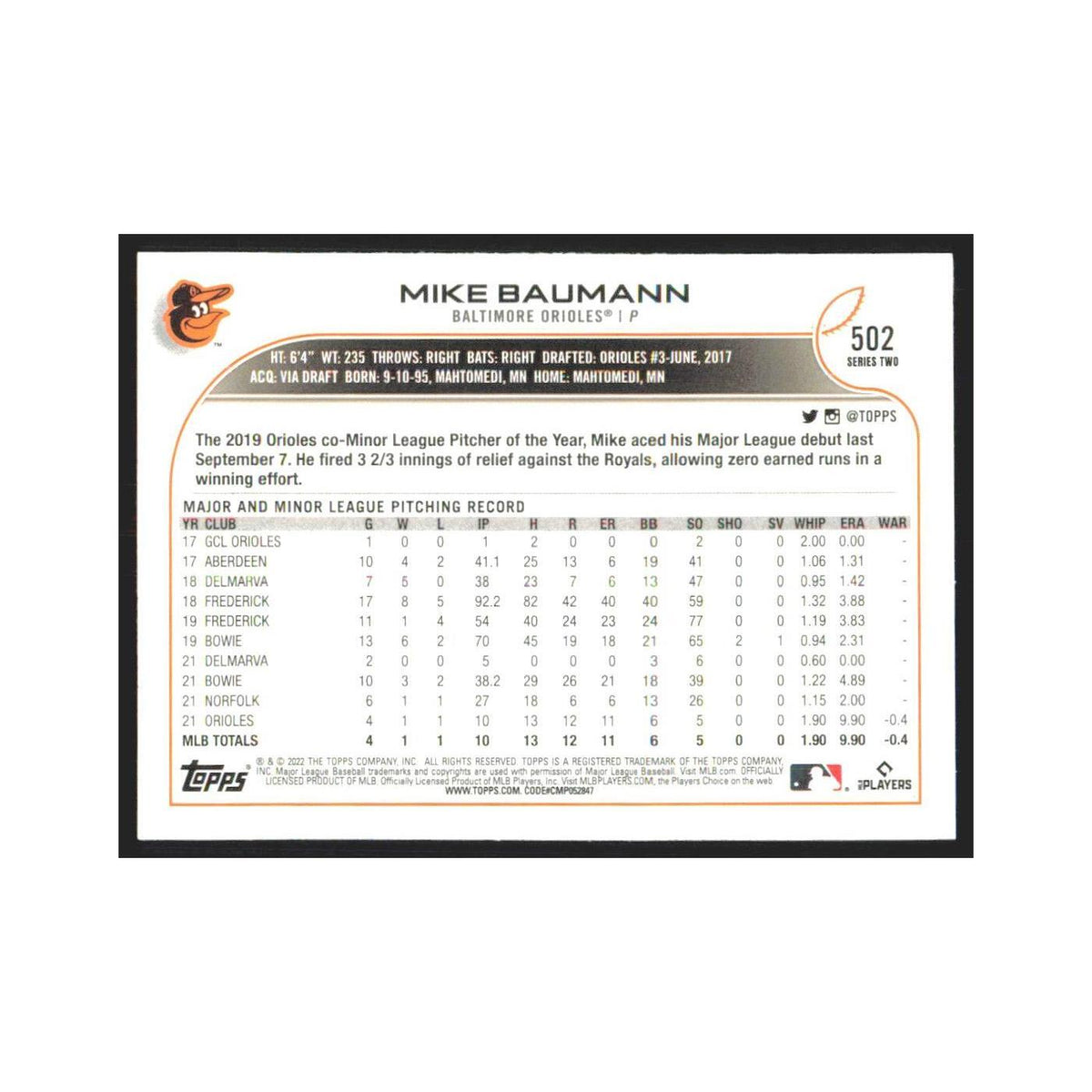2022 Topps Mike Baumann RC Orioles #502