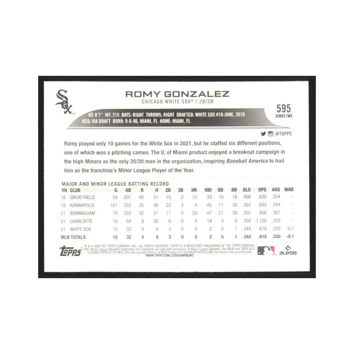 2022 Topps Romy Gonzalez RC White Sox #595