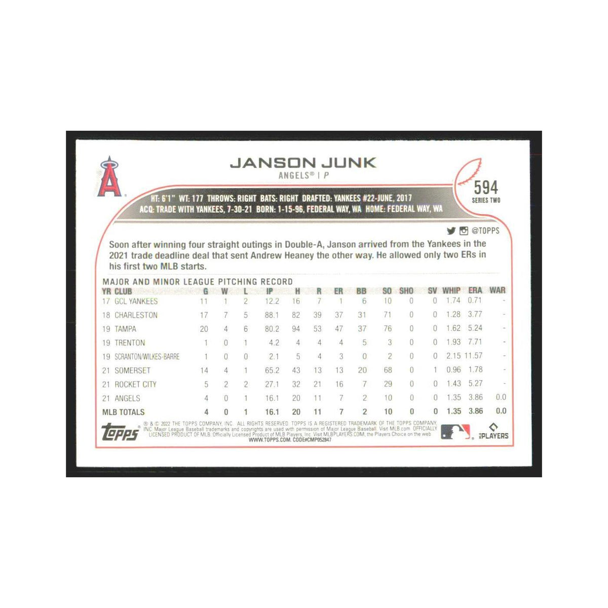2022 Topps Janson Junk RC Angels #594