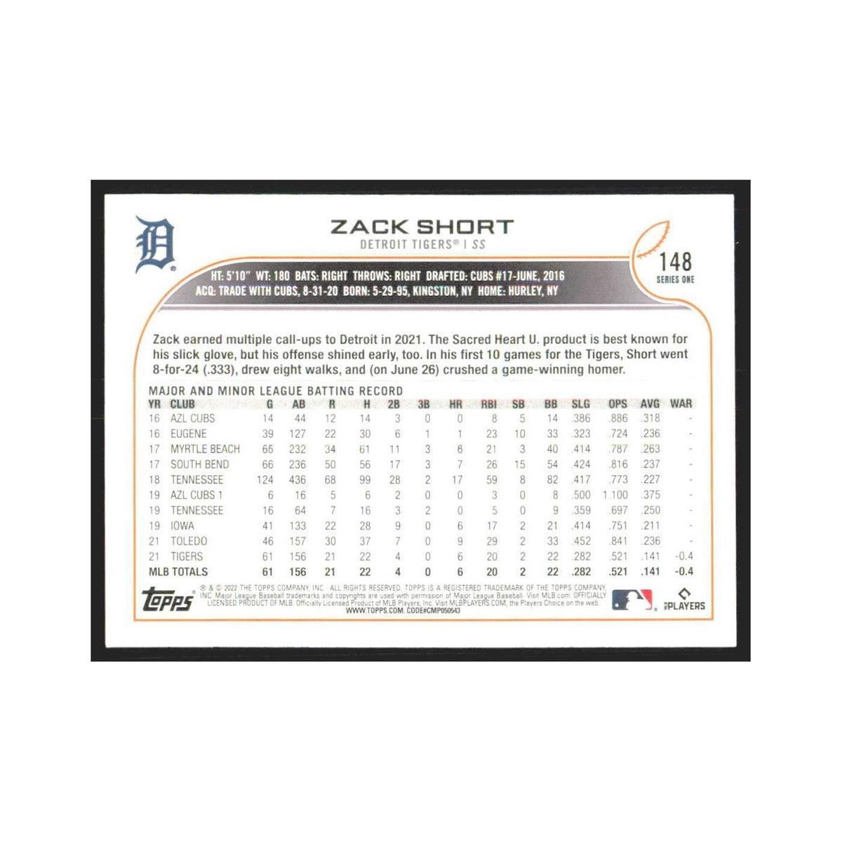 2022 Topps Zack Short RC Tigers #148
