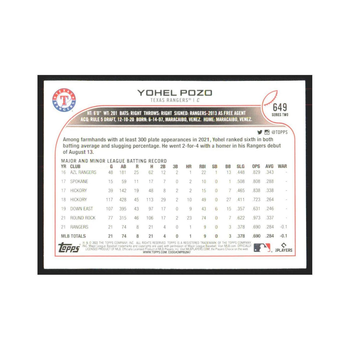 2022 Topps Yohel Pozo RC Rangers #649