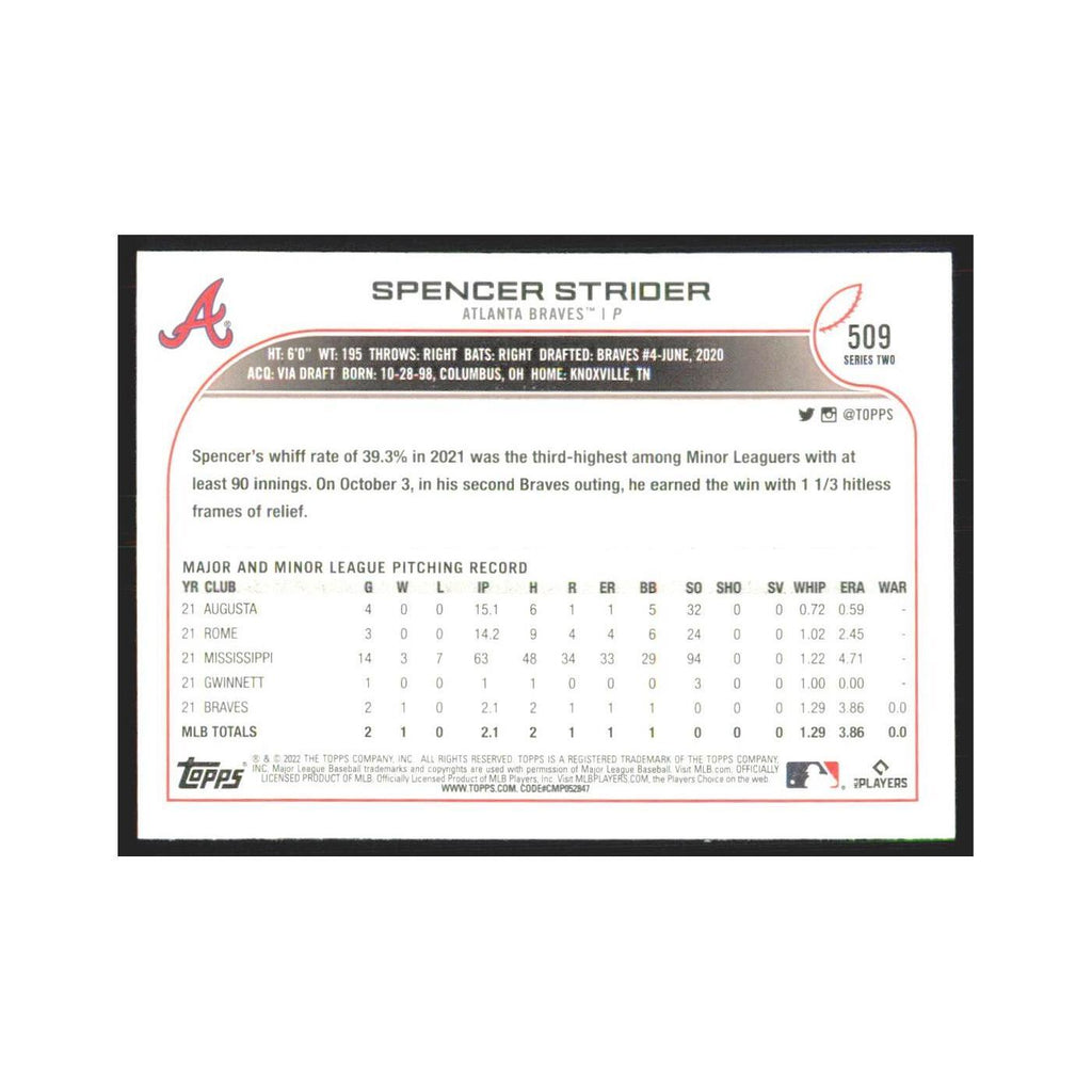 2022 Topps Spencer Strider RC Braves #509