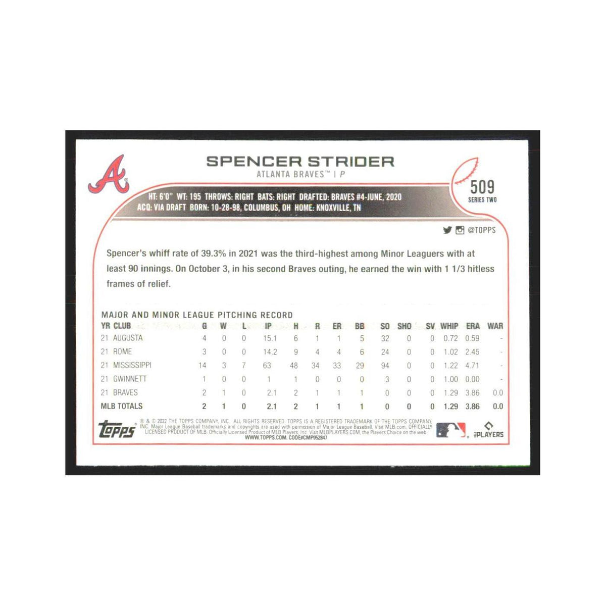 2022 Topps Spencer Strider RC Braves #509