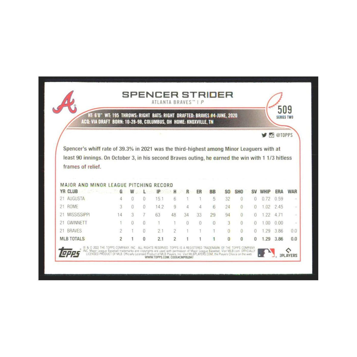 2022 Topps Spencer Strider RC Braves #509