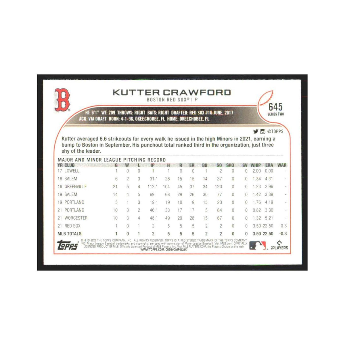 2022 Topps Kutter Crawford RC Red Sox #645