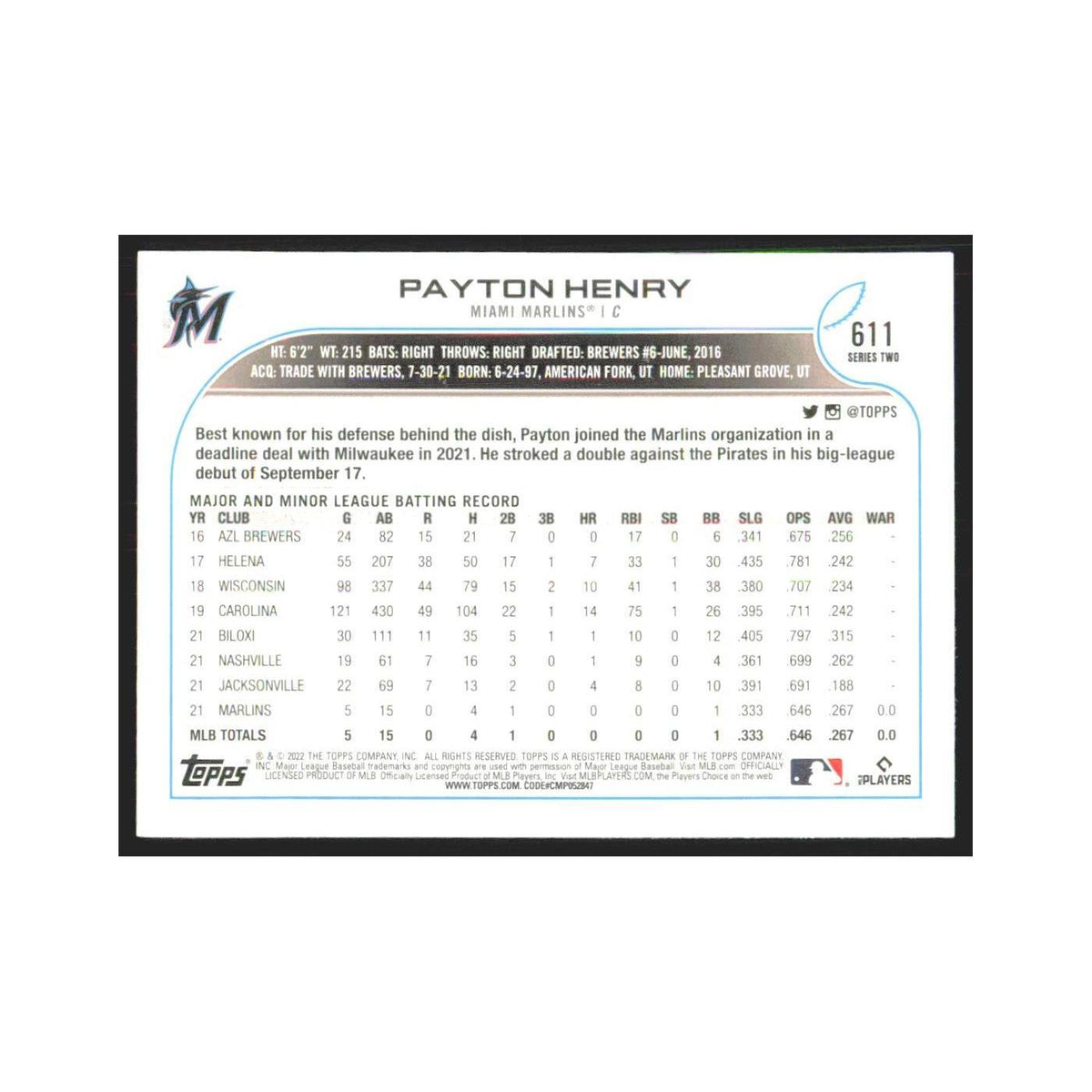 2022 Topps Payton Henry RC Marlins #611