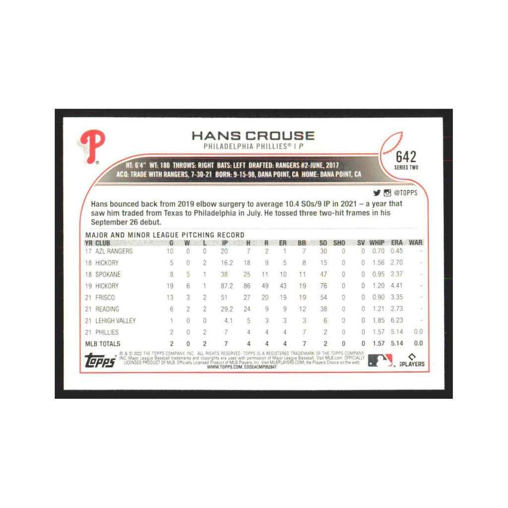 2022 Topps Hans Crouse RC Phillies #642
