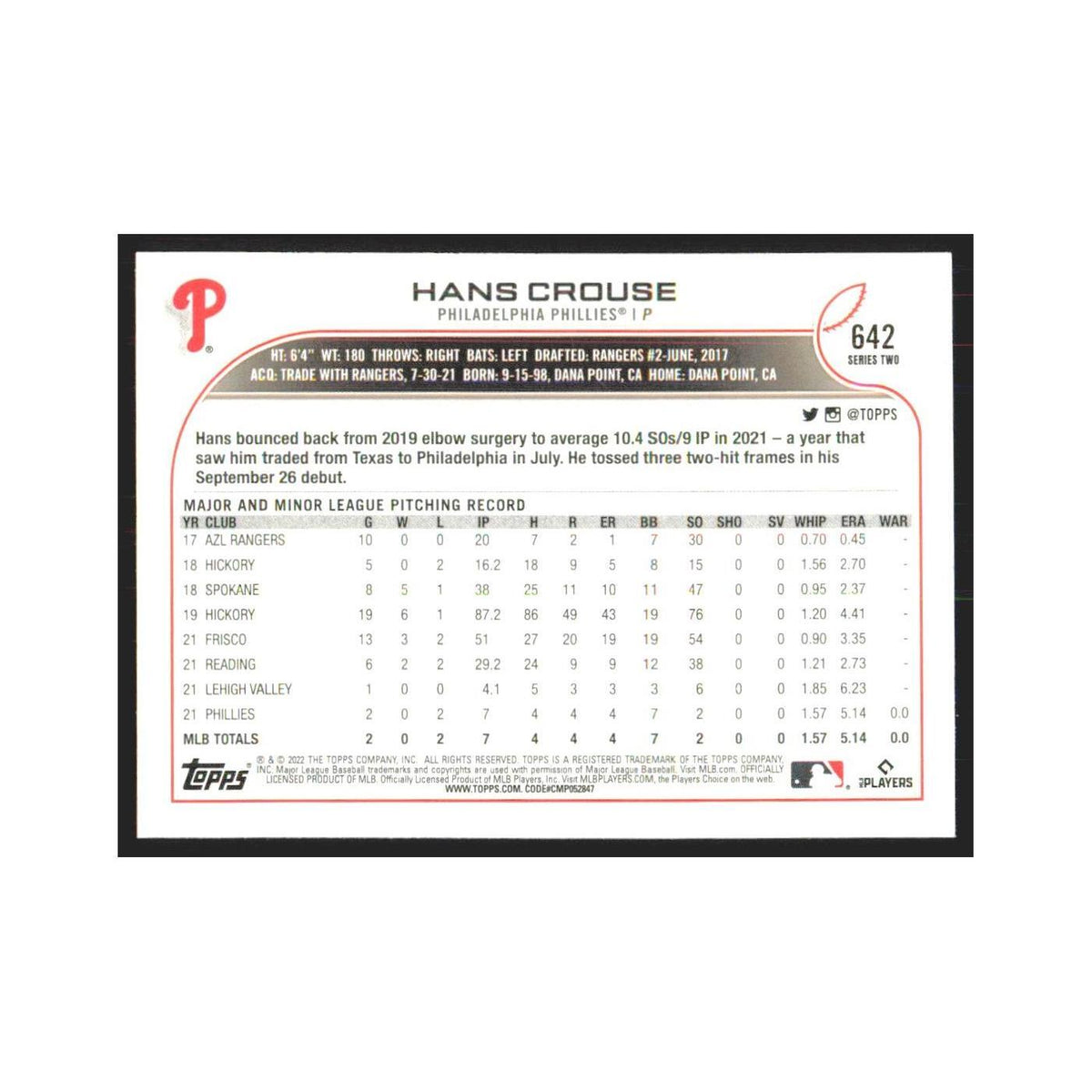2022 Topps Hans Crouse RC Phillies #642