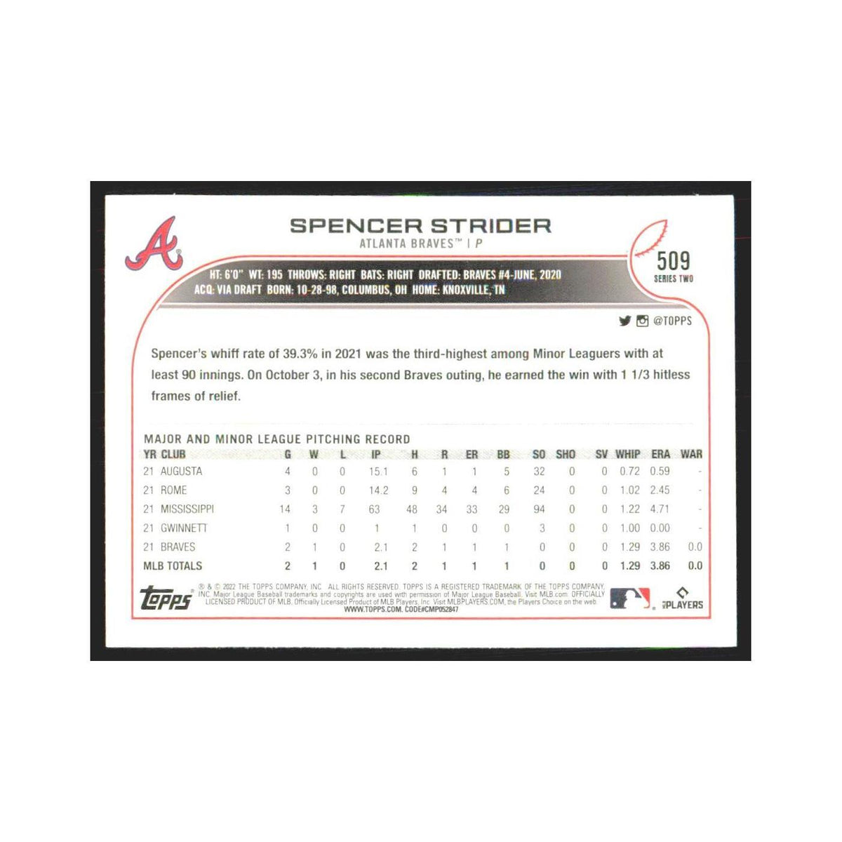 2022 Topps Spencer Strider RC Braves #509