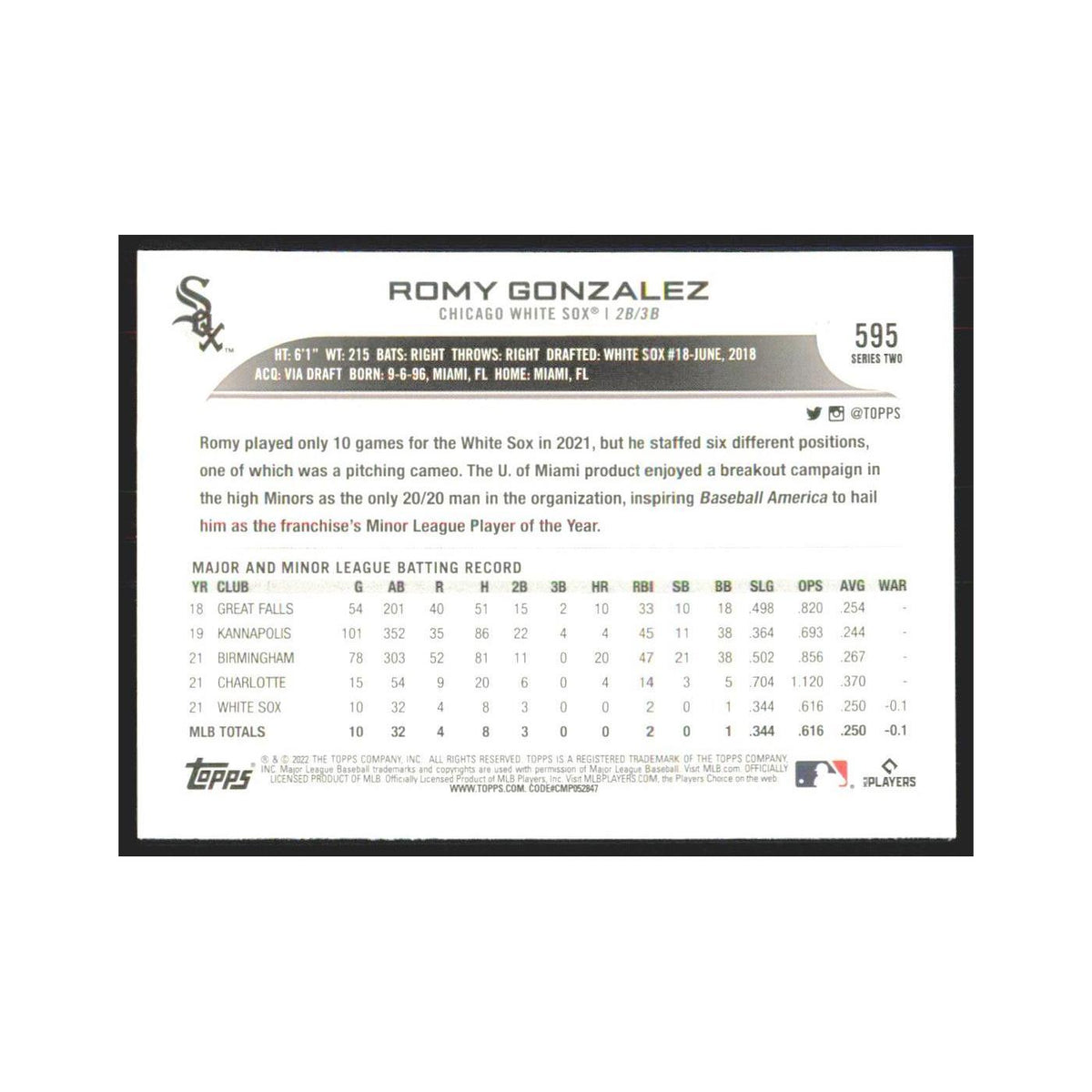 2022 Topps Romy Gonzalez RC White Sox #595