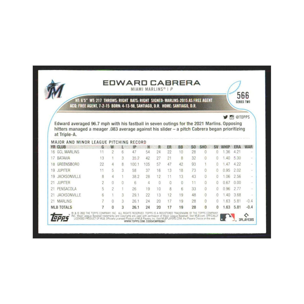 2022 Topps Edward Cabrera RC Marlins #566