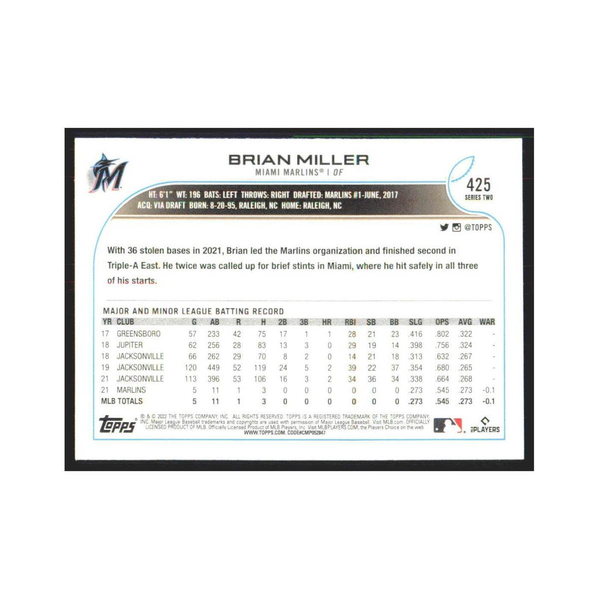 2022 Topps Brian Miller RC Marlins #425