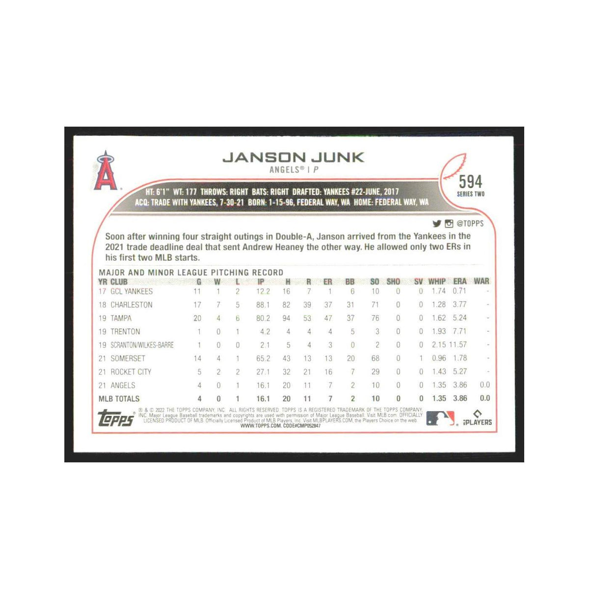 2022 Topps Janson Junk RC Angels #594