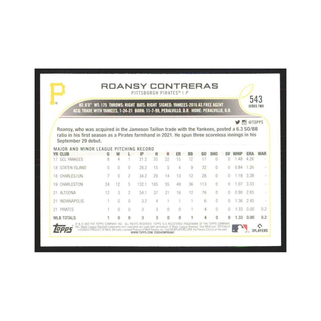 2022 Topps Roansy Contreras RC Pirates #543