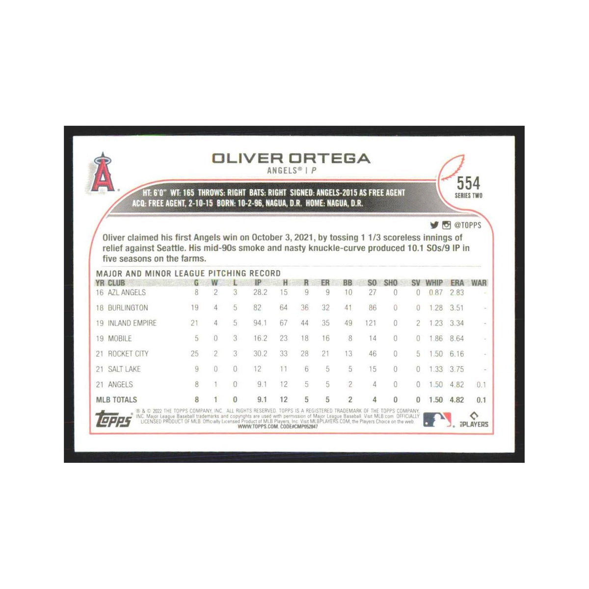 2022 Topps Oliver Ortega RC Angels #554