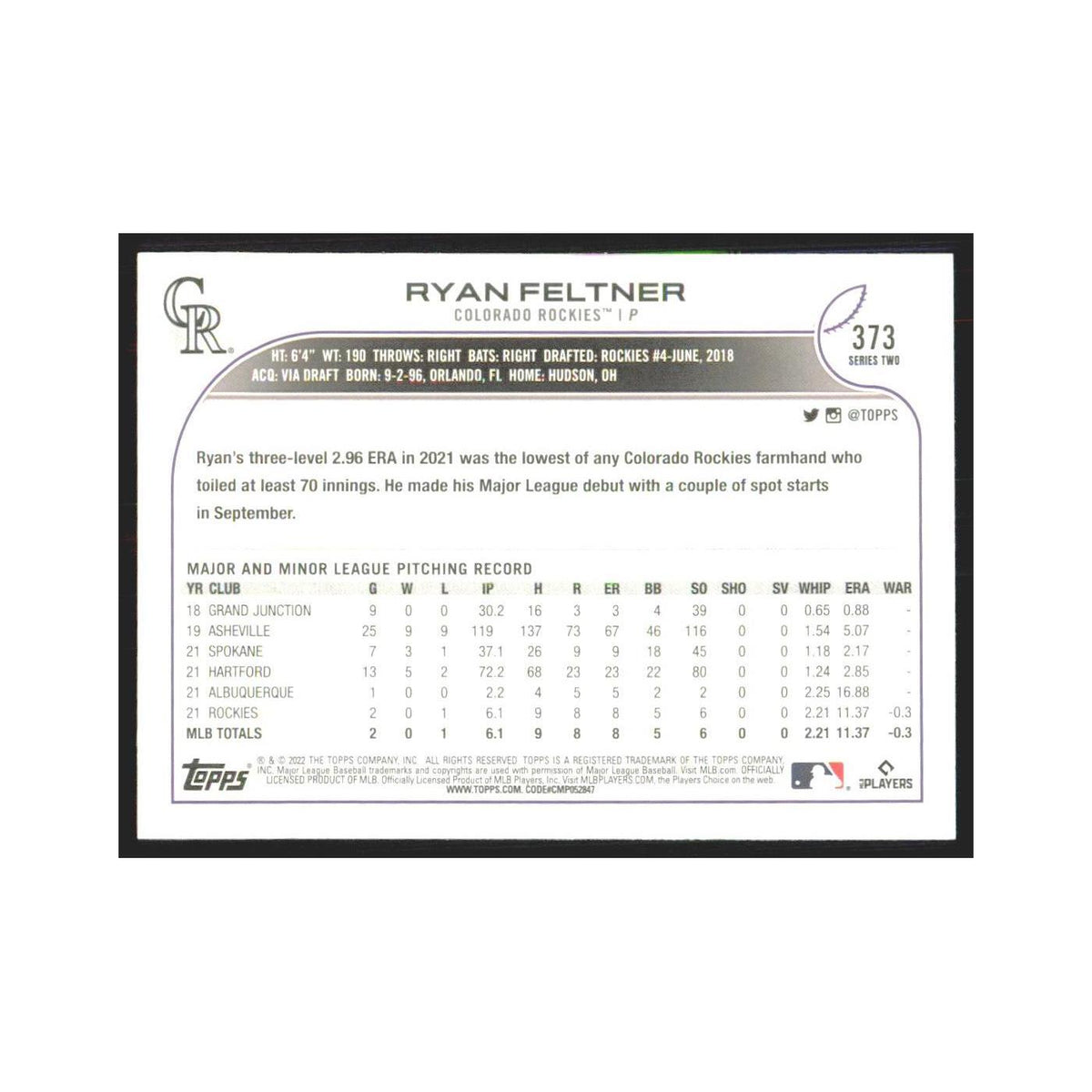 2022 Topps Ryan Feltner RC Rockies #373