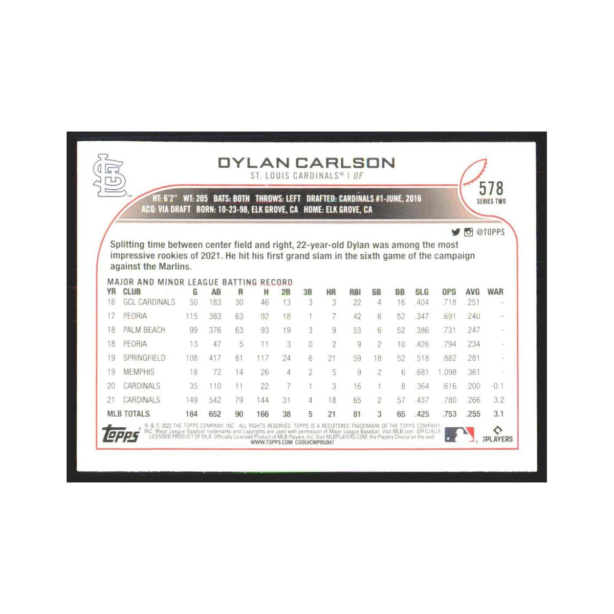 2022 Topps Dylan Carlson Cardinals #578