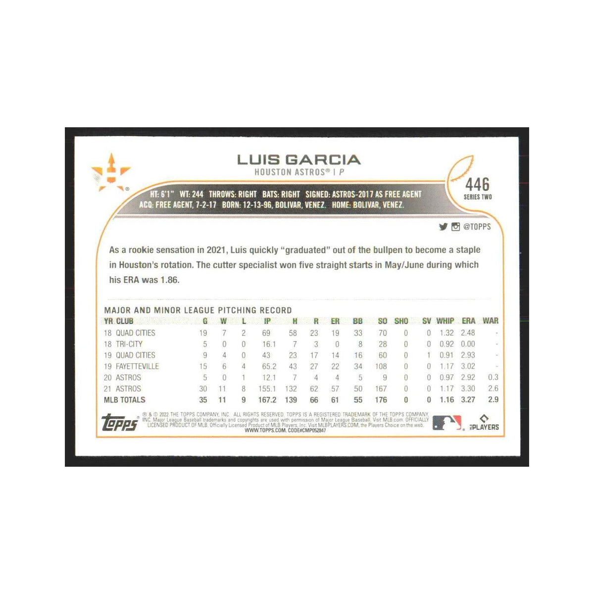 2022 Topps Luis Garcia Astros #446