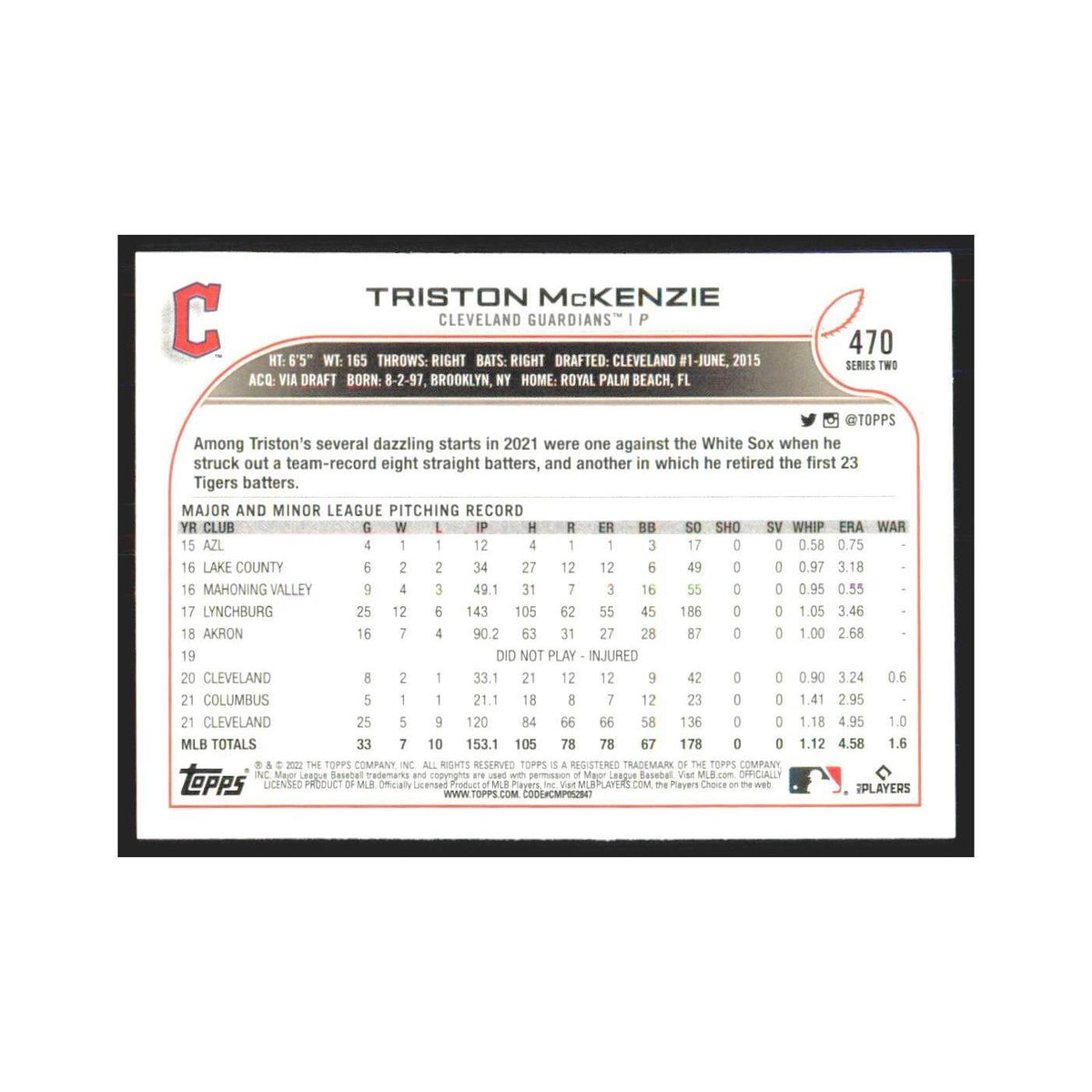 2022 Topps Triston McKenzie Guardians #470