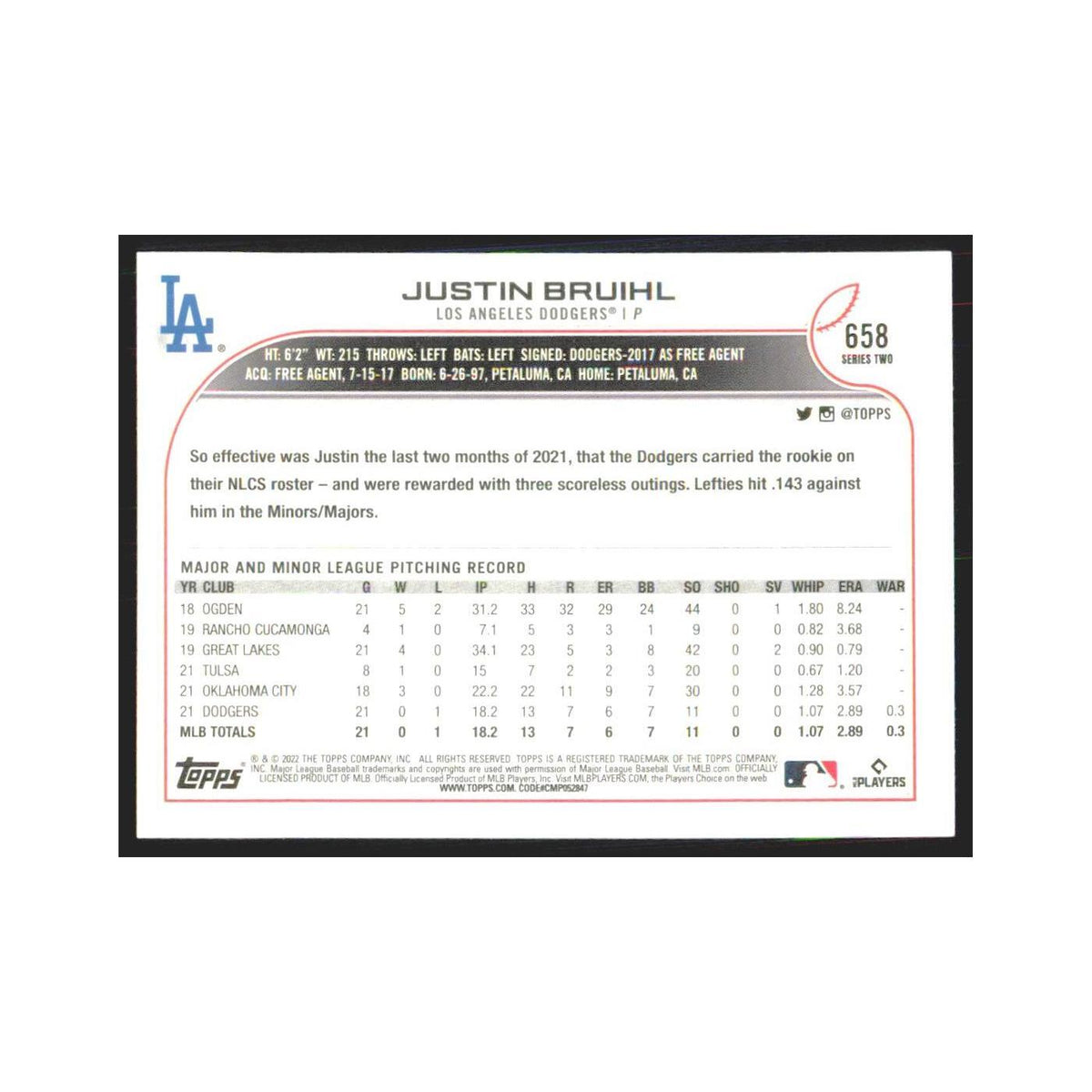 2022 Topps Justin Bruihl RC Dodgers #658