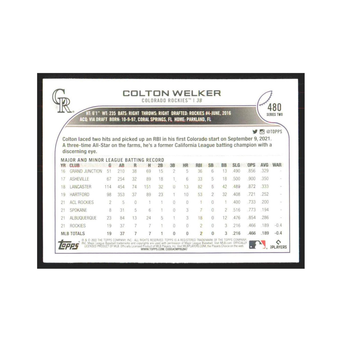 2022 Topps Colton Welker RC Rockies #480