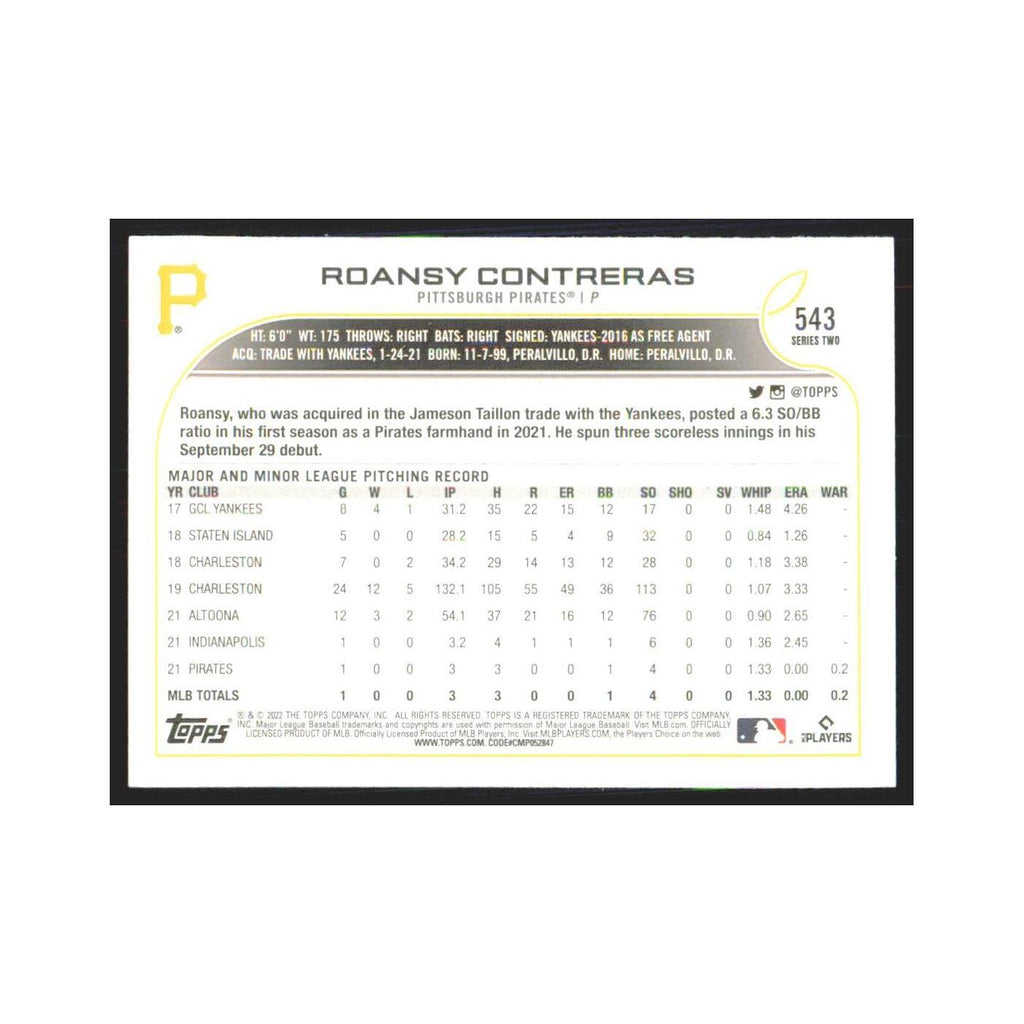 2022 Topps Roansy Contreras RC Pirates #543
