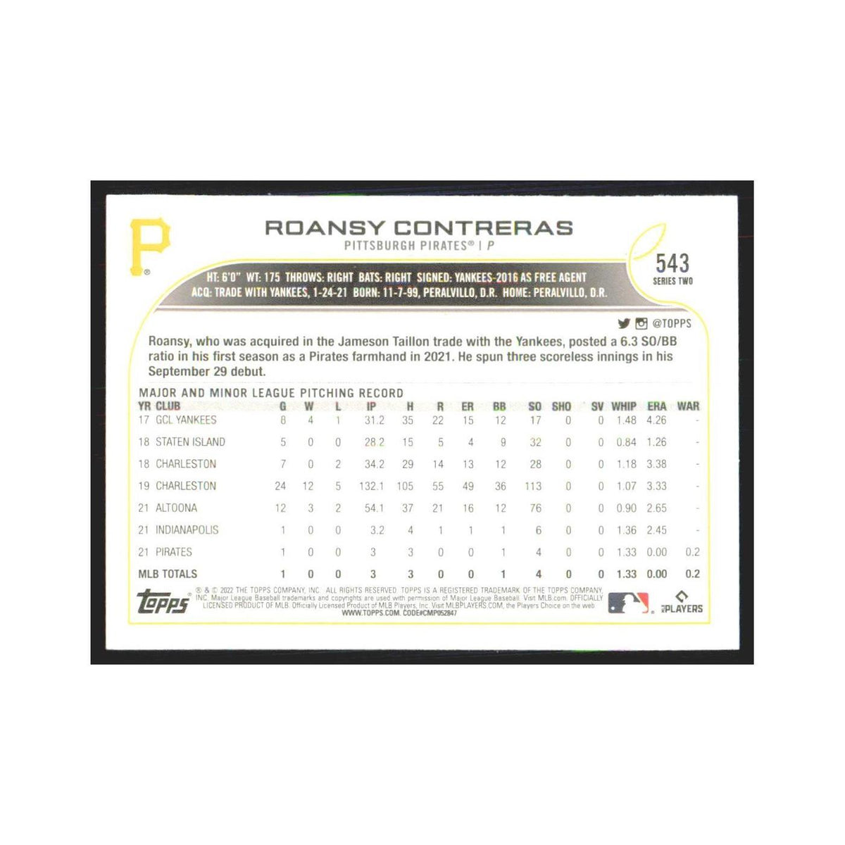 2022 Topps Roansy Contreras RC Pirates #543