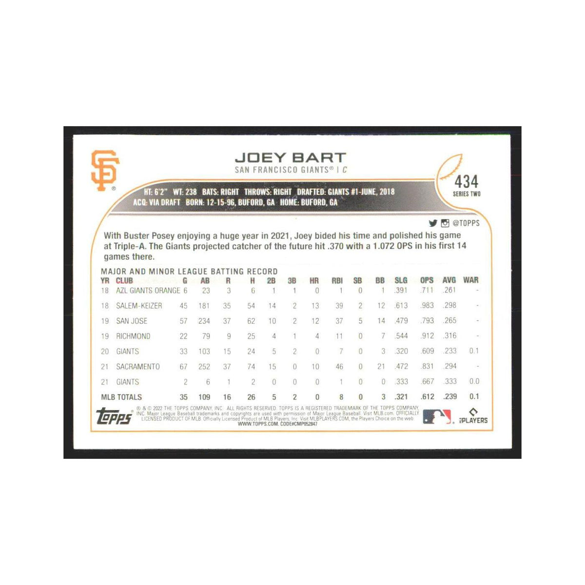 2022 Topps Joey Bart Giants #434