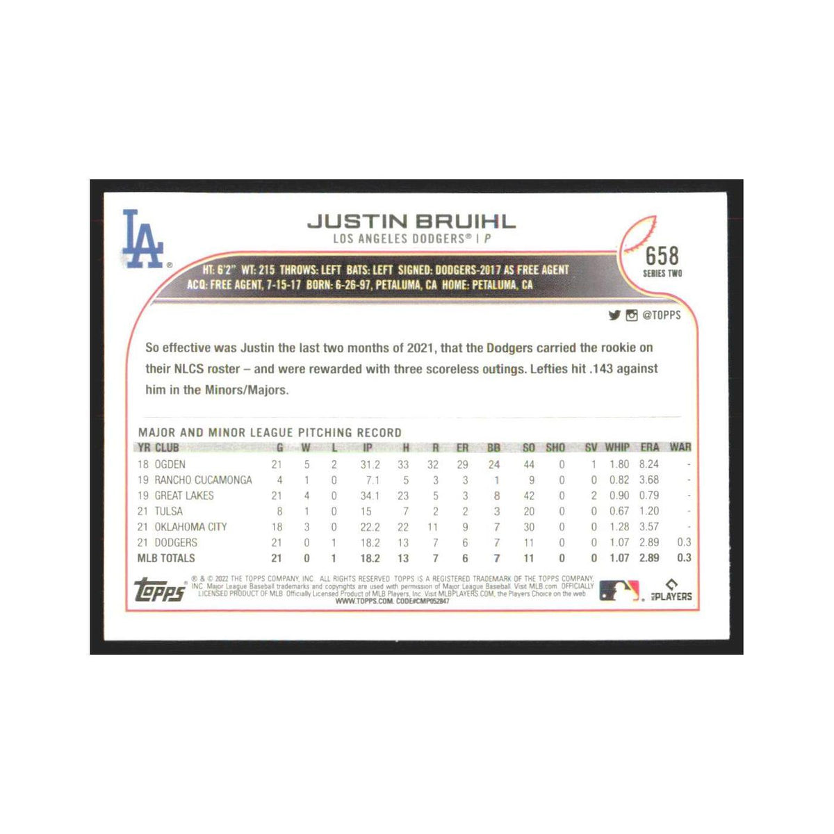 2022 Topps Justin Bruihl RC Dodgers #658