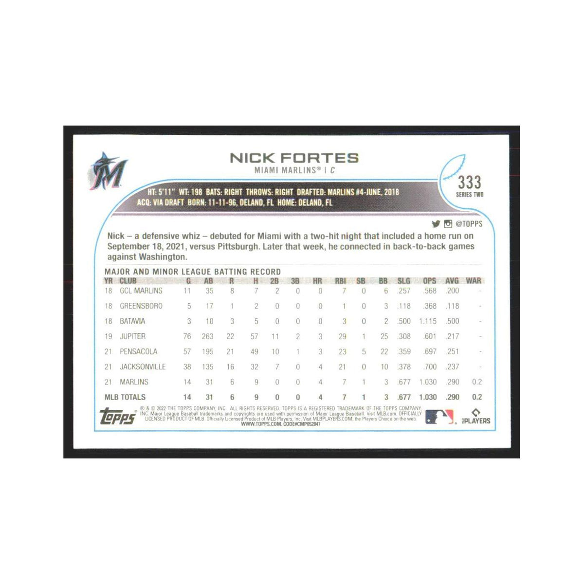 2022 Topps Nick Fortes RC Marlins #333