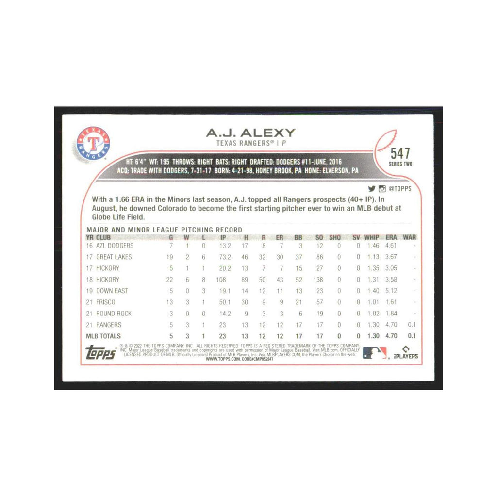2022 Topps A.J. Alexy RC Rangers #547