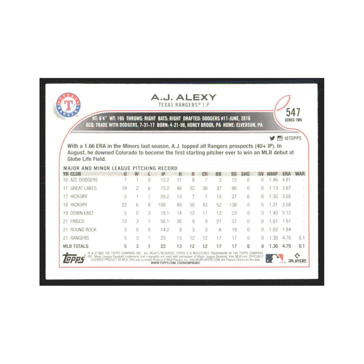 2022 Topps A.J. Alexy RC Rangers #547