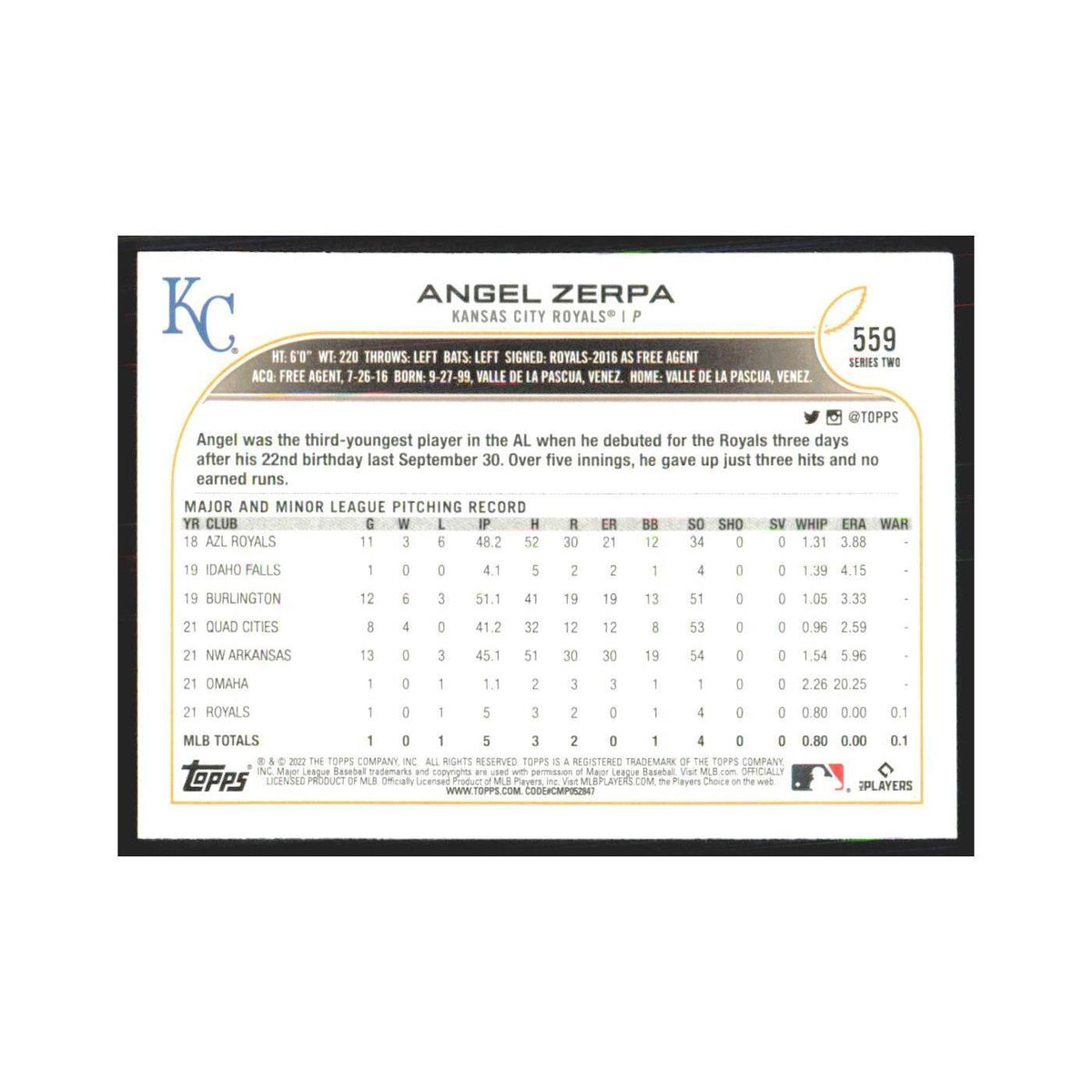 2022 Topps Angel Zerpa RC Royals #559