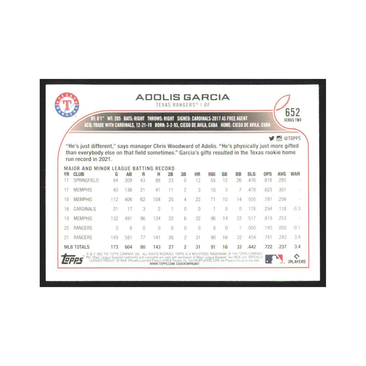 2022 Topps Adolis Garcia Rangers #652