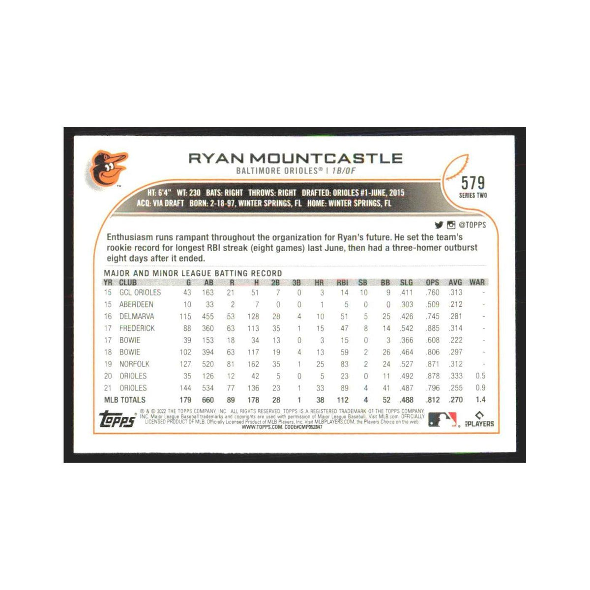 2022 Topps Ryan Mountcastle Orioles #579
