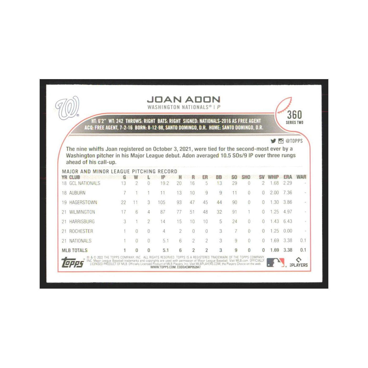 2022 Topps Joan Adon RC Nationals #360