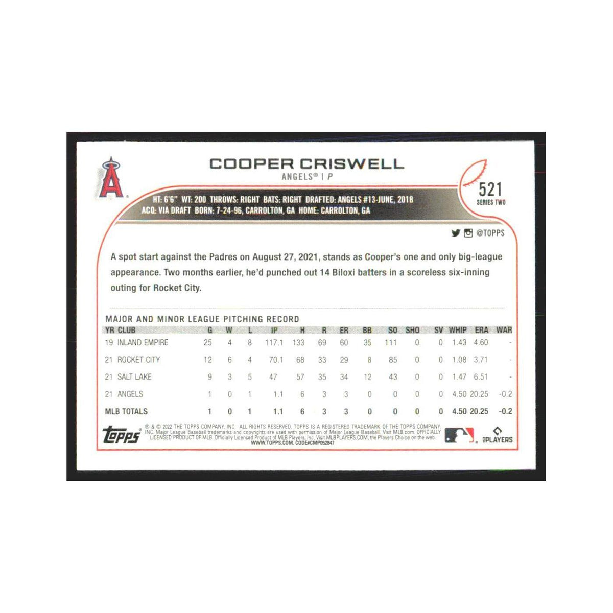 2022 Topps Cooper Criswell RC Angels #521