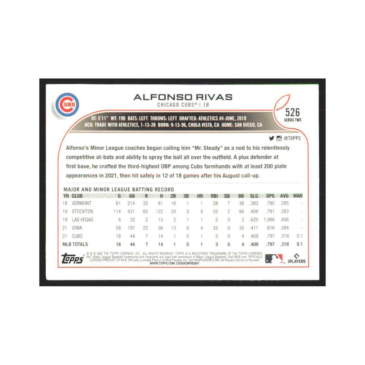 2022 Topps Alfonso Rivas RC Cubs #526