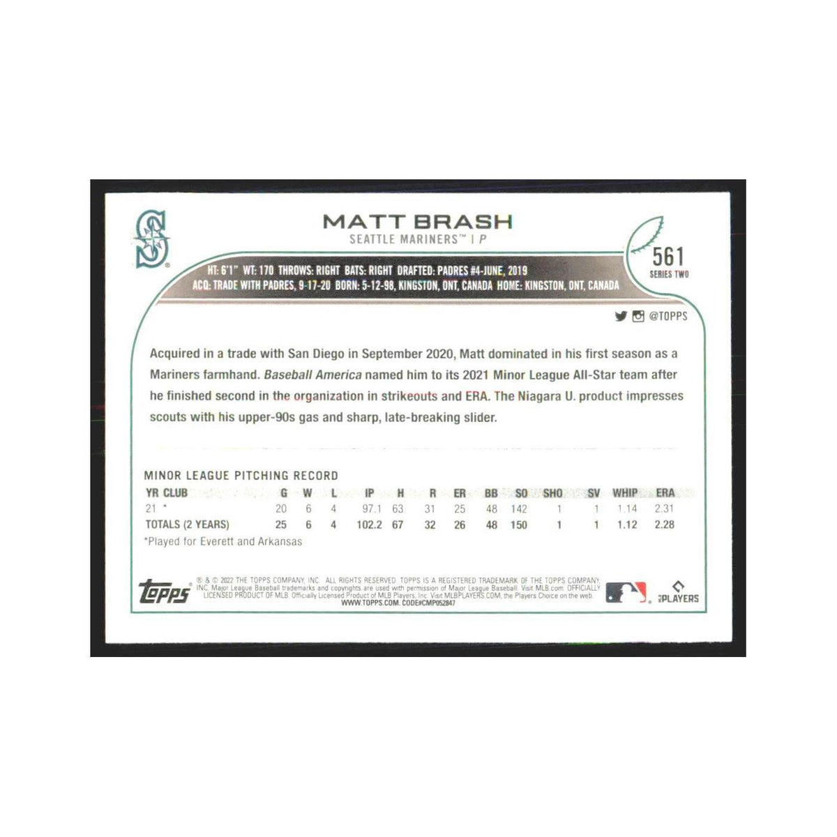 2022 Topps Matt Brash RC Mariners #561