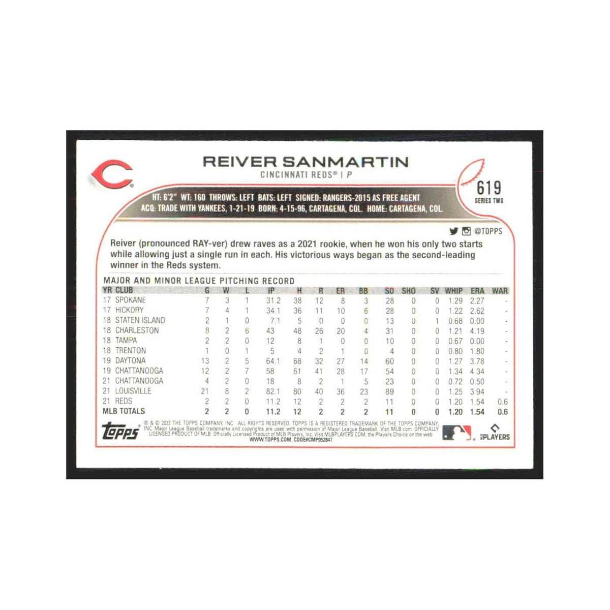 2022 Topps Reiver Sanmartin RC Reds #619