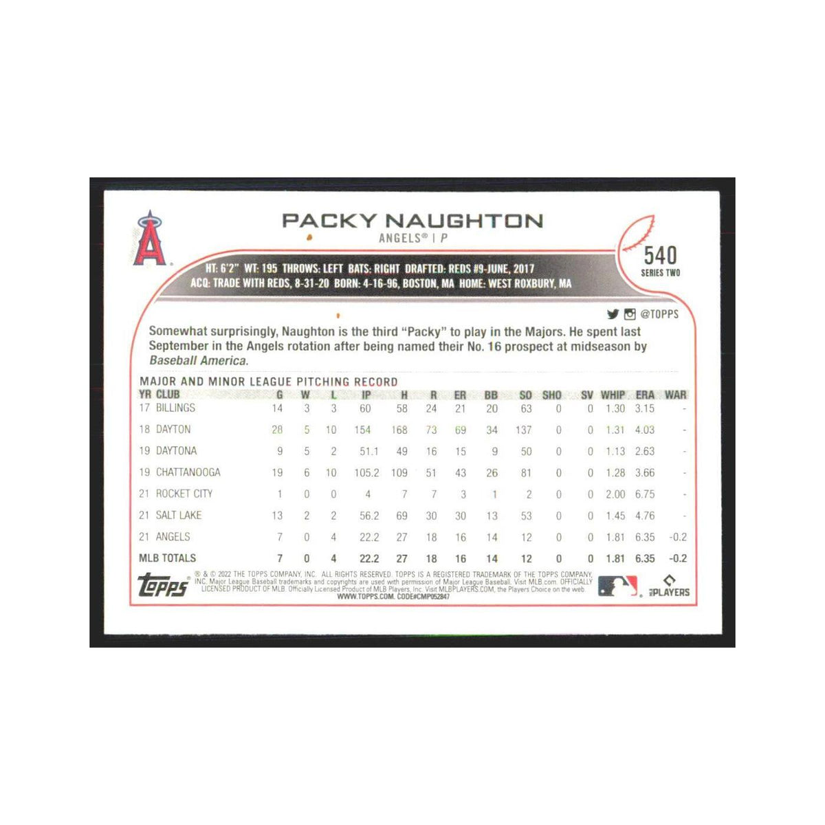 2022 Topps Packy Naughton RC Angels #540