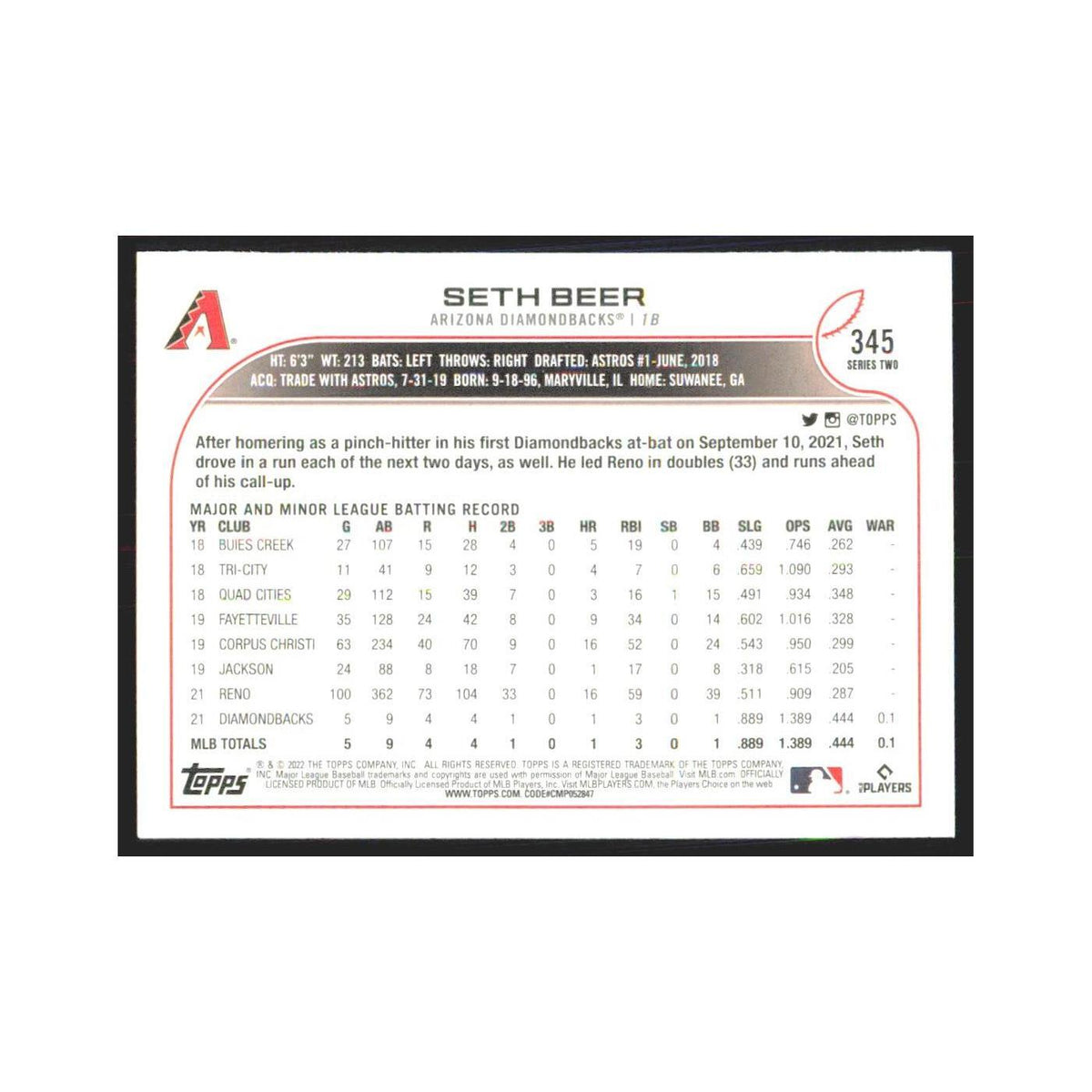 2022 Topps Seth Beer RC Diamondbacks #345