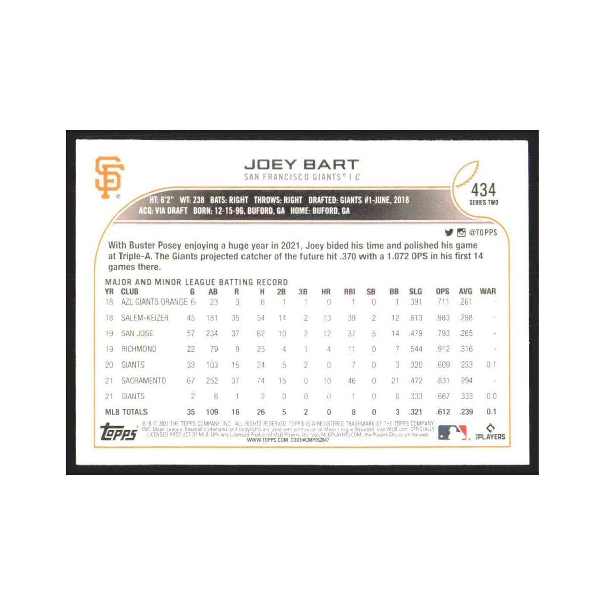 2022 Topps Joey Bart Giants #434